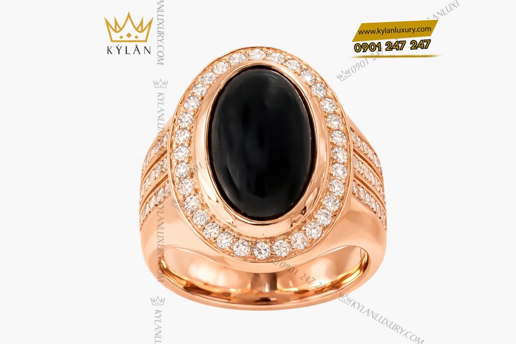 Nhẫn nam vàng hồng Au750 đính kim cương và đá quý đen
