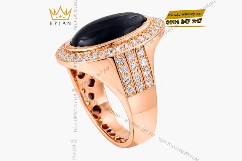 Nhẫn nam vàng hồng Au750 đính kim cương và đá quý đen