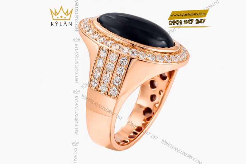 Nhẫn nam vàng hồng Au750 đính kim cương và đá quý đen