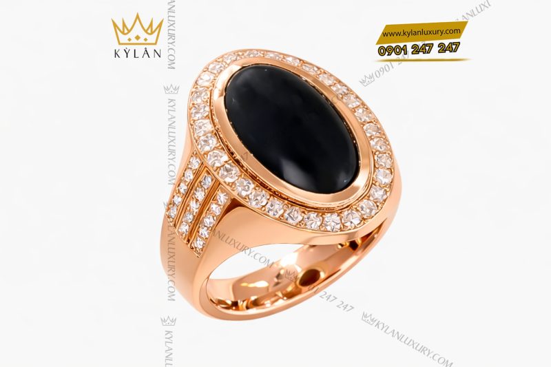 Nhẫn nam vàng hồng Au750 đính kim cương và đá quý đen