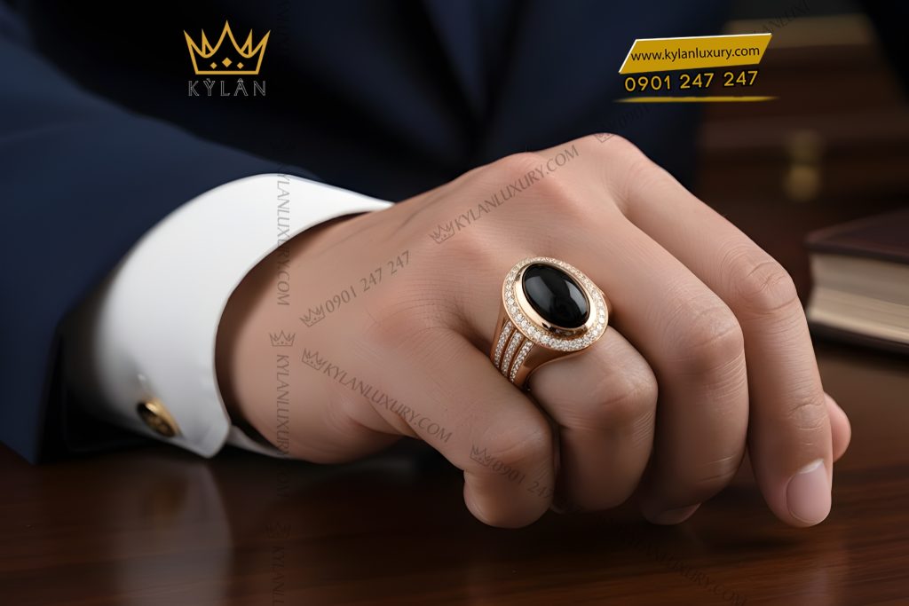 Nhẫn nam vàng hồng Au750 đính kim cương và đá quý đen