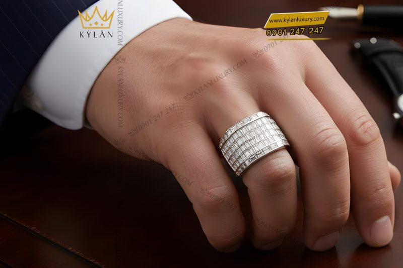 Nhẫn nam vàng trắng Au750 đính full kim cương baguette
