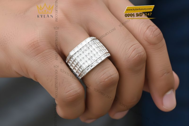 Nhẫn nam vàng trắng Au750 đính full kim cương baguette