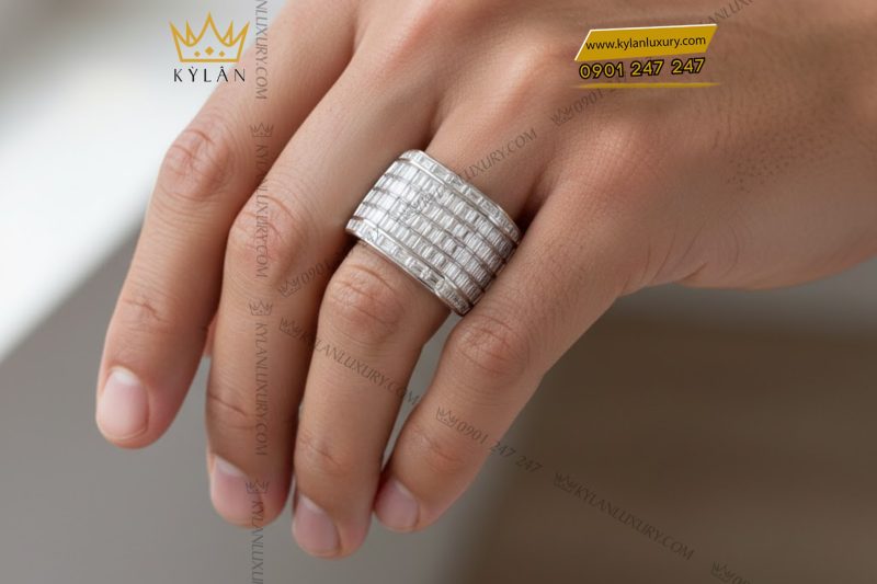 Nhẫn nam vàng trắng Au750 đính full kim cương baguette