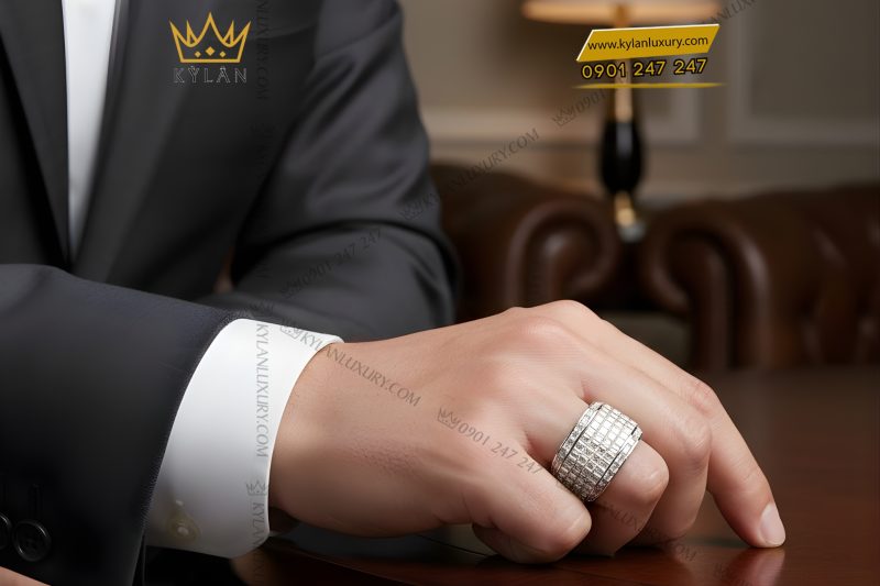 Nhẫn nam vàng trắng Au750 đính full kim cương baguette