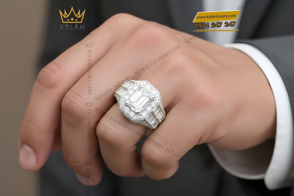 Nhẫn nam vàng trắng Au750 đính kim cương