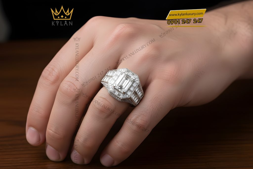 Kỳ Lân Luxury Nhan nam vang trang Au750 dinh kim cuong 8 Nhẫn nam vàng trắng Au750 đính kim cương