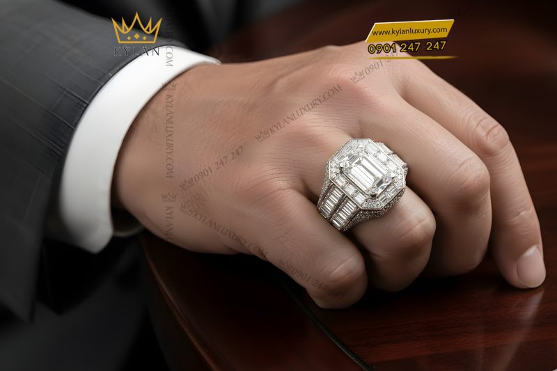 Nhẫn nam vàng trắng Au750 đính kim cương