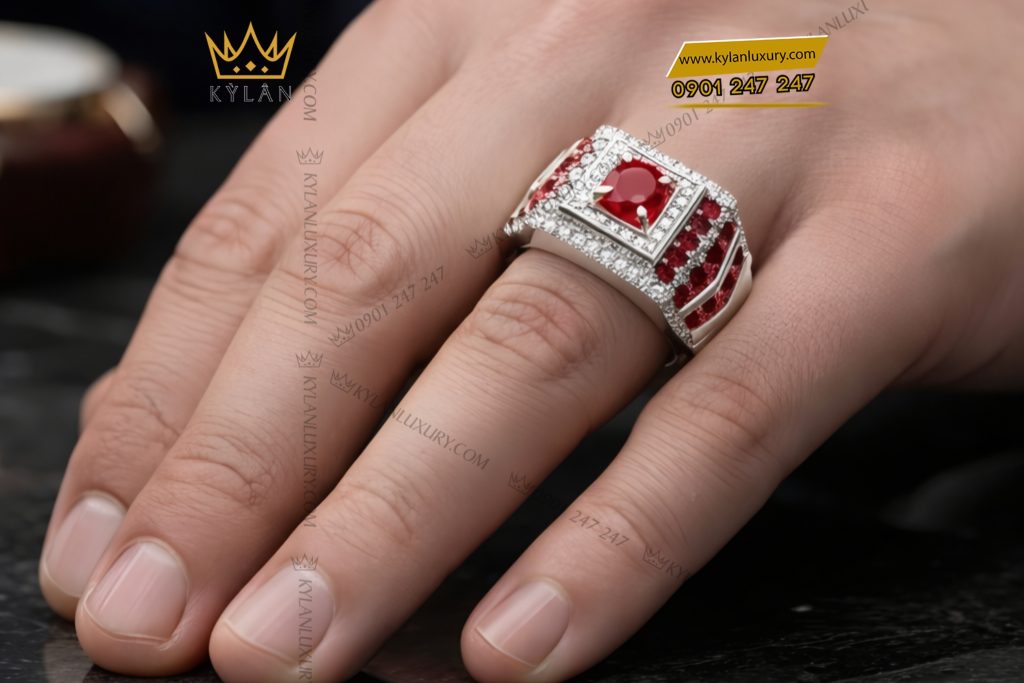Kỳ Lân Luxury Nhan nam vang trang Au750 dinh kim cuong va da quy do 10 Nhẫn nam vàng trắng Au750 đính kim cương và đá quý đỏ