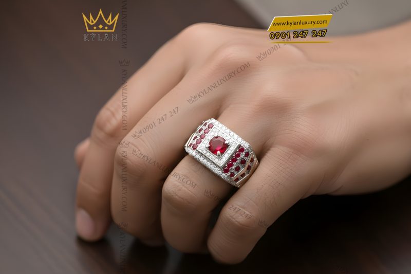 Nhẫn nam vàng trắng Au750 đính kim cương và đá quý đỏ