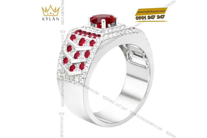 Nhẫn nam vàng trắng Au750 đính kim cương và đá quý đỏ