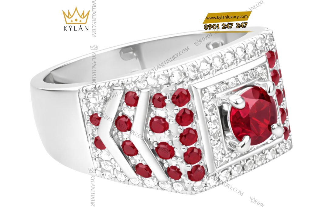 Nhẫn nam vàng trắng Au750 đính kim cương và đá quý đỏ
