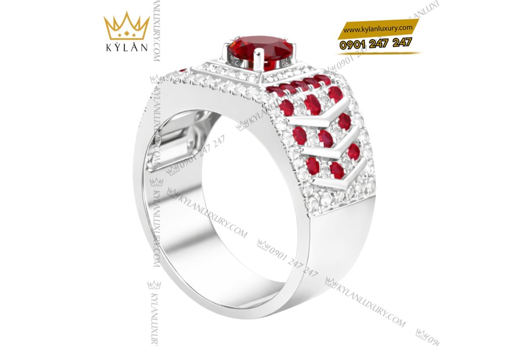 Kỳ Lân Luxury Nhan nam vang trang Au750 dinh kim cuong va da quy do 5 Nhẫn nam vàng trắng Au750 đính kim cương và đá quý đỏ