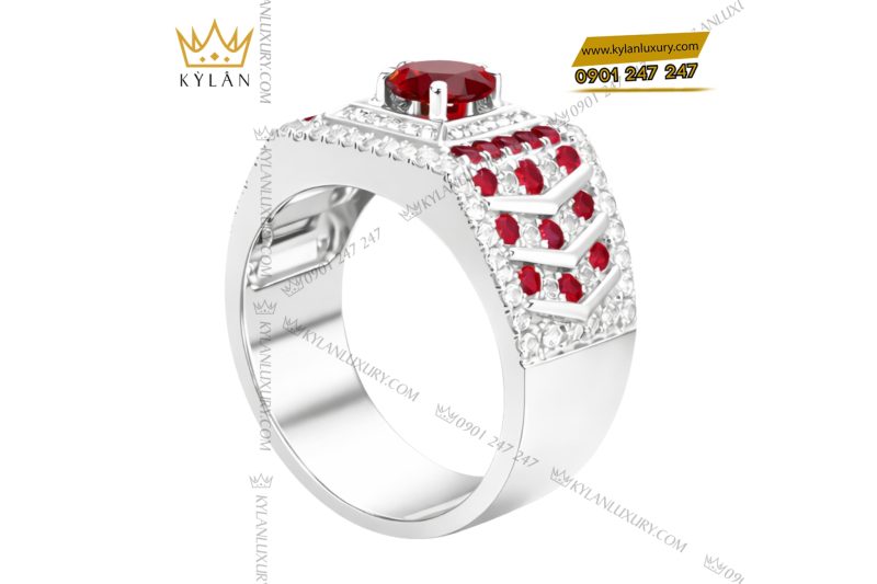 Nhẫn nam vàng trắng Au750 đính kim cương và đá quý đỏ