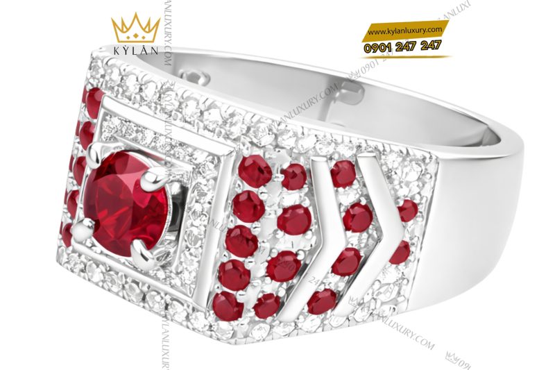 Nhẫn nam vàng trắng Au750 đính kim cương và đá quý đỏ