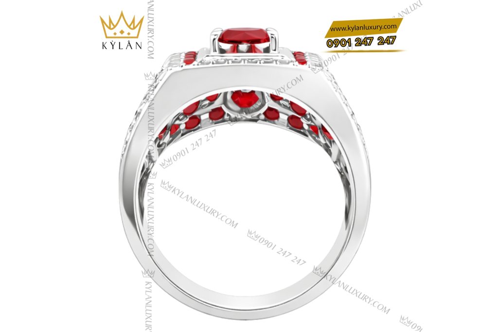 Nhẫn nam vàng trắng Au750 đính kim cương và đá quý đỏ