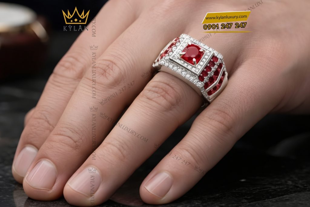 Kỳ Lân Luxury Nhan nam vang trang Au750 dinh kim cuong va da quy do 8 Nhẫn nam vàng trắng Au750 đính kim cương và đá quý đỏ