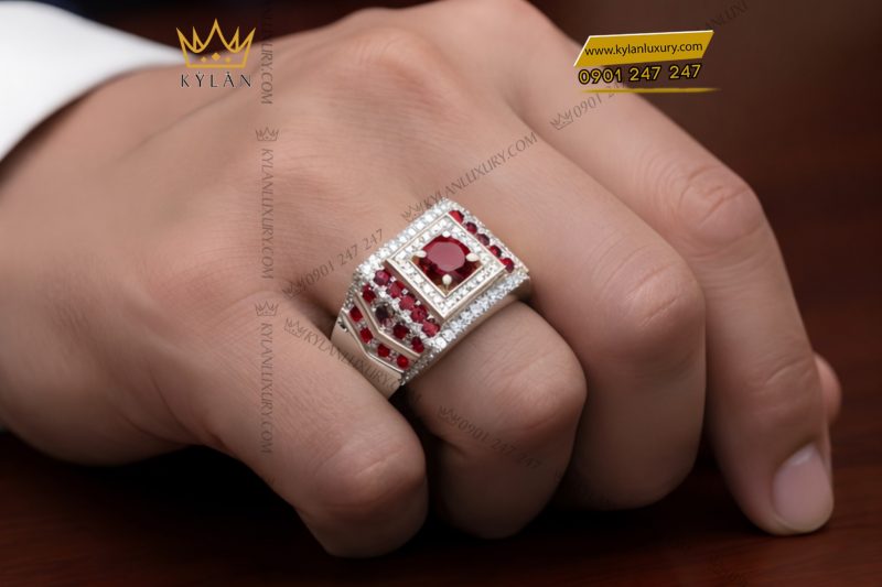 Nhẫn nam vàng trắng Au750 đính kim cương và đá quý đỏ
