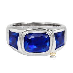 Nhẫn nam vàng trắng Au750 đính kim cương và đá sapphire xanh