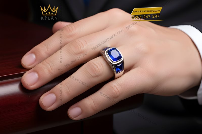 Nhẫn nam vàng trắng Au750 đính kim cương và đá sapphire xanh