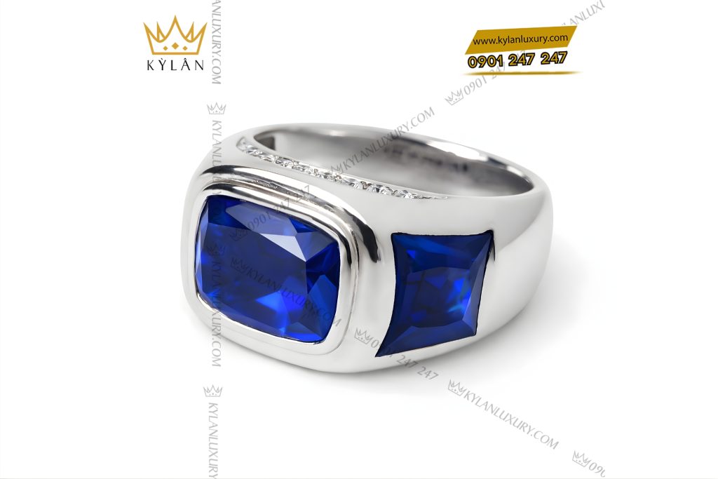 Nhẫn nam vàng trắng Au750 đính kim cương và đá sapphire xanh 4 Nhẫn nam vàng trắng Au750 đính kim cương và đá sapphire xanh