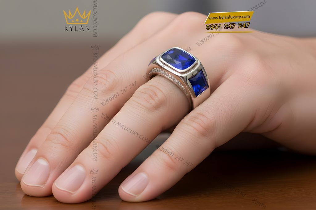 Nhẫn nam vàng trắng Au750 đính kim cương và đá sapphire xanh 5 Nhẫn nam vàng trắng Au750 đính kim cương và đá sapphire xanh
