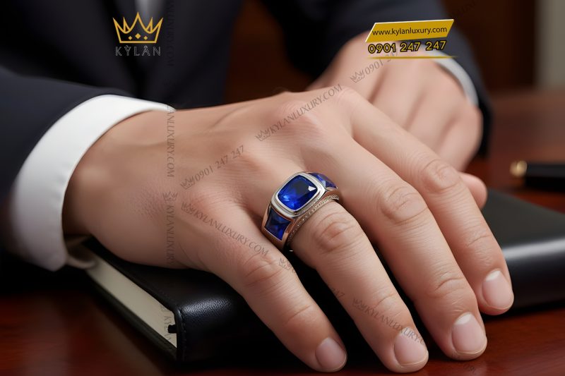 Nhẫn nam vàng trắng Au750 đính kim cương và đá sapphire xanh