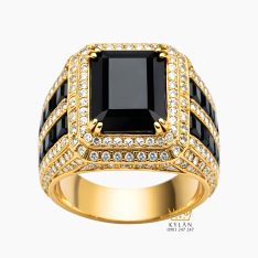 Nhẫn nam vàng vàng Au750 đính kim cương và đá quý đen