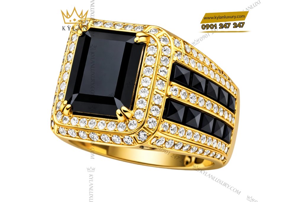 Nhẫn nam vàng vàng Au750 đính kim cương và đá quý đen 2 Nhẫn nam vàng vàng Au750 đính kim cương và đá quý đen