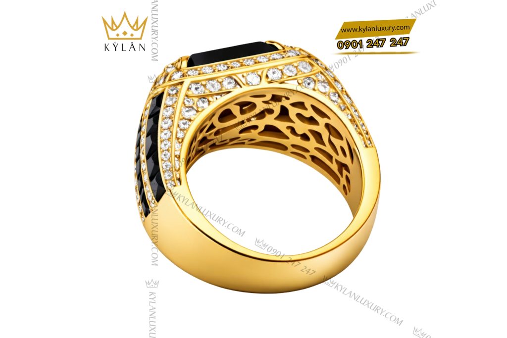 Nhẫn nam vàng vàng Au750 đính kim cương và đá quý đen 9 Kỳ Lân Luxury Nhan nam vang vang Au750 dinh kim cuong va da quy den 4 Nhẫn nam vàng vàng Au750 đính kim cương và đá quý đen