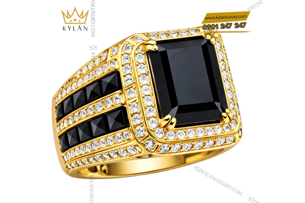 Nhẫn nam vàng vàng Au750 đính kim cương và đá quý đen 8 Kỳ Lân Luxury Nhan nam vang vang Au750 dinh kim cuong va da quy den 5 Nhẫn nam vàng vàng Au750 đính kim cương và đá quý đen