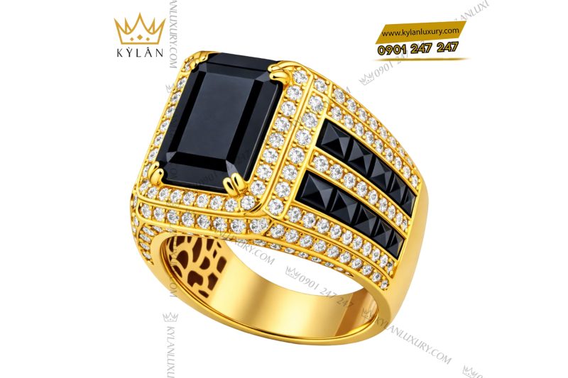 Nhẫn nam vàng vàng Au750 đính kim cương và đá quý đen