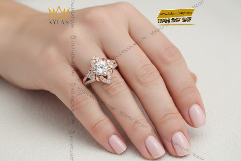 Nhẫn nữ vàng hồng Au750 đính kim cương