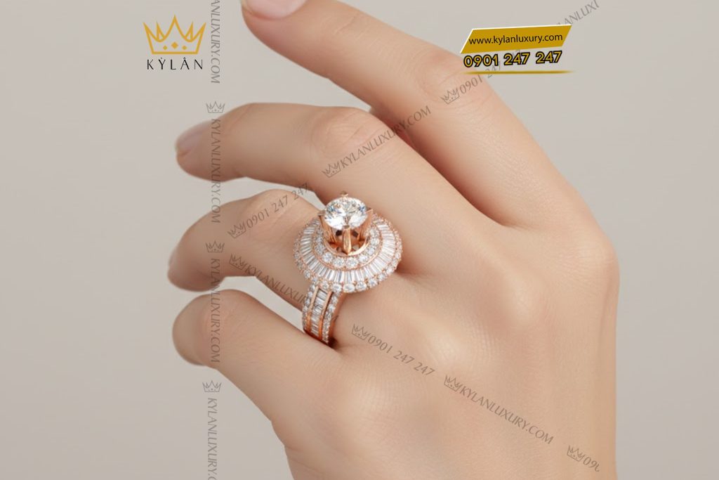 Nhẫn nữ vàng hồng Au750 đính kim cương