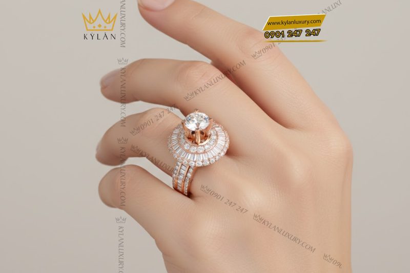 Nhẫn nữ vàng hồng Au750 đính kim cương