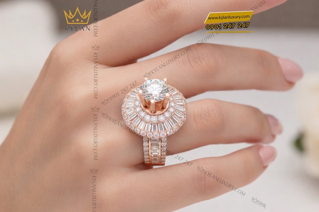 Nhẫn nữ vàng hồng Au750 đính kim cương