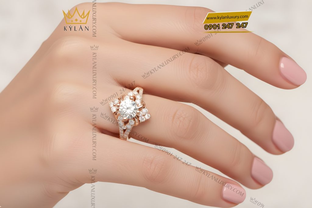Nhẫn nữ vàng hồng Au750 đính kim cương