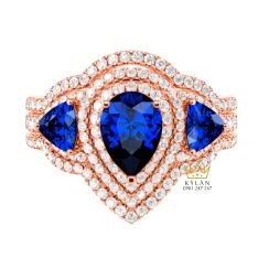 Nhẫn nữ vàng hồng Au750 đính kim cương và đá quý xanh