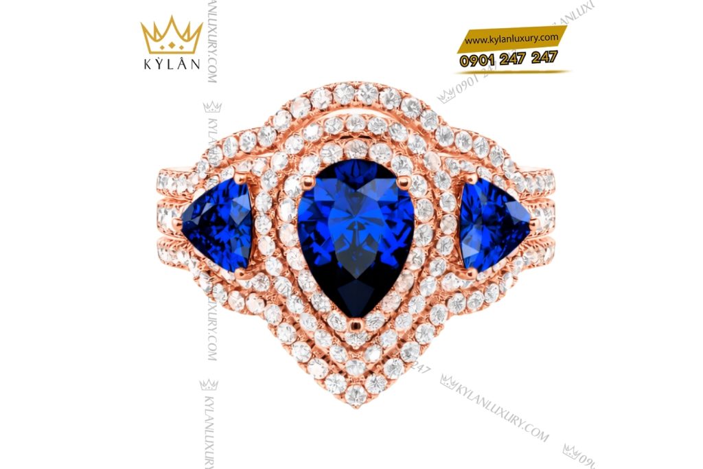 Nhẫn nữ vàng hồng Au750 đính kim cương và đá quý xanh