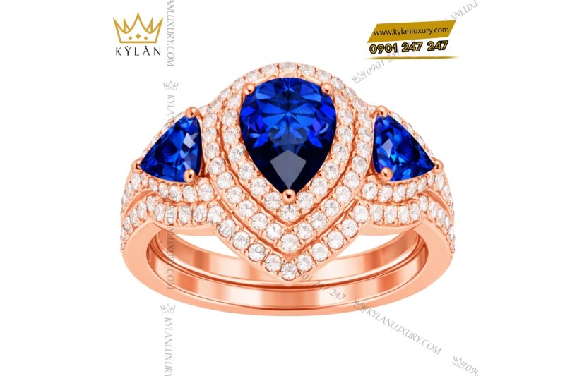 Nhẫn nữ vàng hồng Au750 đính kim cương và đá quý xanh