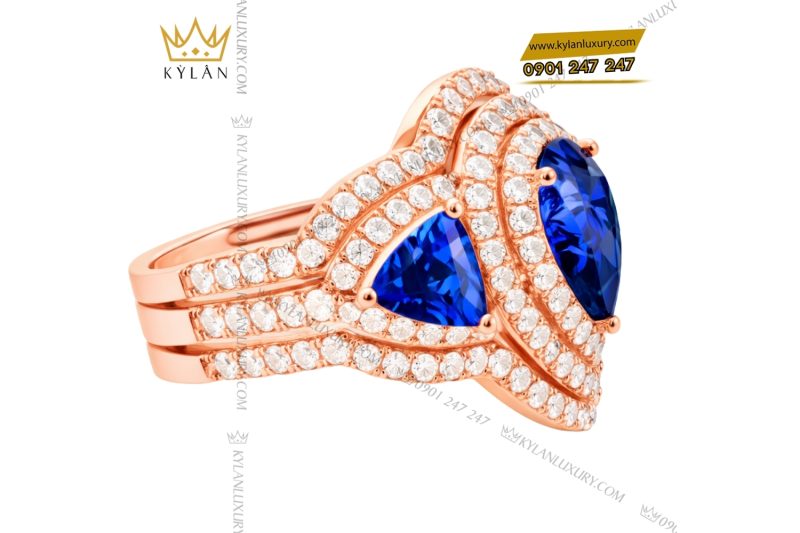 Nhẫn nữ vàng hồng Au750 đính kim cương và đá quý xanh