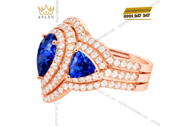 Nhẫn nữ vàng hồng Au750 đính kim cương và đá quý xanh