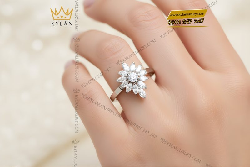 Nhẫn nữ vàng trắng Au750 đính kim cương