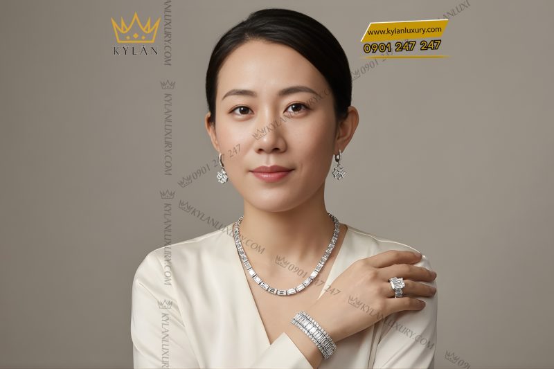 Nhẫn nữ vàng trắng Au750 đính kim cương baguette