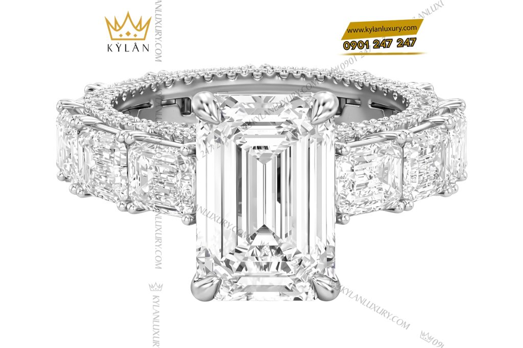 Nhẫn nữ vàng trắng Au750 đính kim cương baguette