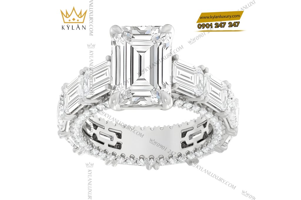 Nhẫn nữ vàng trắng Au750 đính kim cương baguette