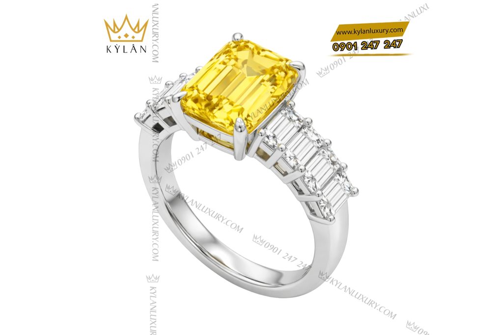 Nhẫn nữ vàng trắng Au750 đính kim cương baguette 
