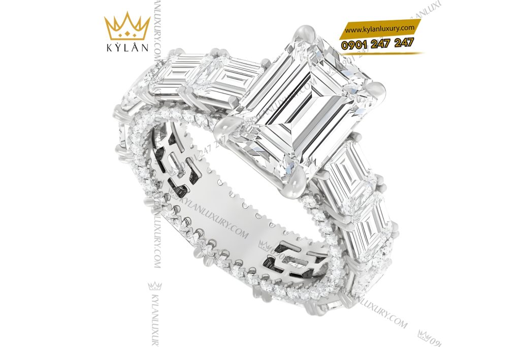 Kỳ Lân Luxury Nhan nu vang trang Au750 dinh kim cuong baguette 5 Nhẫn nữ vàng trắng Au750 đính kim cương baguette