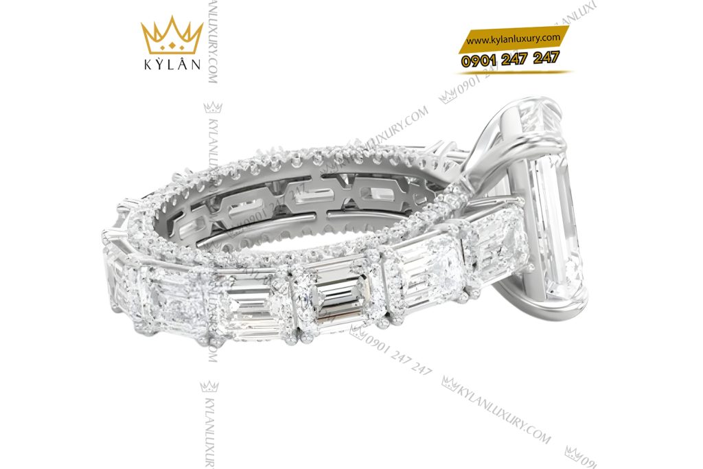 Kỳ Lân Luxury Nhan nu vang trang Au750 dinh kim cuong baguette 7 Nhẫn nữ vàng trắng Au750 đính kim cương baguette