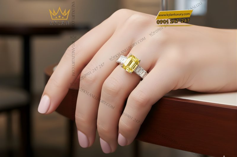 Nhẫn nữ vàng trắng Au750 đính kim cương baguette 